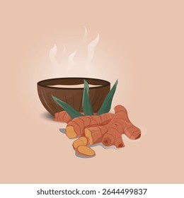 Casca de coco com ilustração de água quente de gengibre 