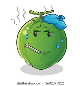 coconut sick and fever with thermometer and compress cartoon. cartoon mascot vector