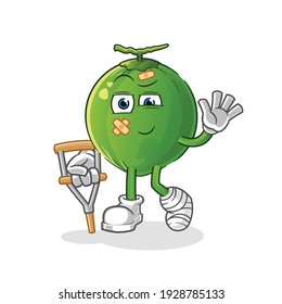 coconut sick with limping stick character. cartoon mascot vector