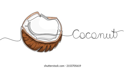 Coconut simple vector line illustration. Single line art drawing with lettering organic coconut.