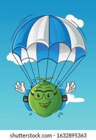 coconut skydiving cartoon with parachutes and glasses. cute chibi cartoon mascot vector