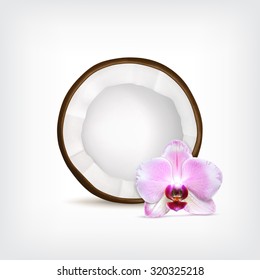 Coconut slice with orchid flower. Vector icon. EPS10
