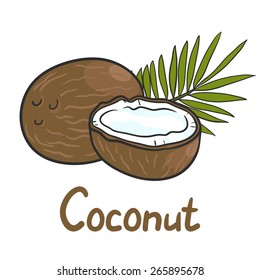 Coconut, slice of coconut and palm leaf with an inscription