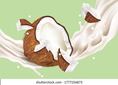 Coconut slice of pieces and blast isolated on solid color background. Realistic vector in 3D illustration.