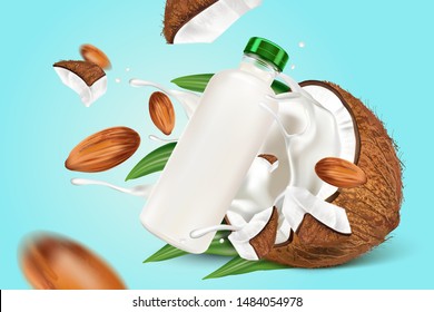 Coconut slice of pieces with milk splashing and almonds, packaging isolated on white background. Realistic vector in 3D illustration.