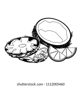 Coconut and slices of pineapples in black and white