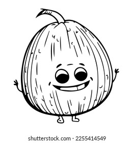 Coconut with smile in cartoon black and white style for coloring. Vector illustration