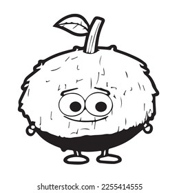 Coconut with smile in cartoon black and white style for coloring. Vector illustration