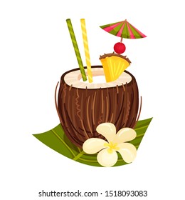 Coconut Smoothie With Pineapple And Cherry Vector Illustration Isolated On White Background