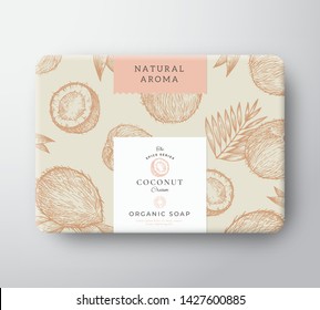 Coconut Soap Cardboard Box. Abstract Vector Wrapped Paper Container with Label Cover. Packaging Design. Modern Typography and Hand Drawn Nuts and Leaves Background Pattern Layout. Isolated.