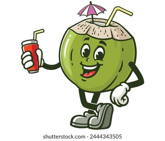 Coconut with soft drink cartoon mascot illustration character vector clip art hand drawn