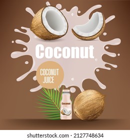 Coconut splash juice bottle tropical fruits design vector illustration