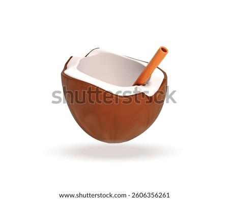 Coconut with Straw 3d icon. Coconut Drink with Straw isolated vector 3d illustration.