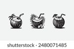 Coconut with straw black and white vector set, summer vector elements