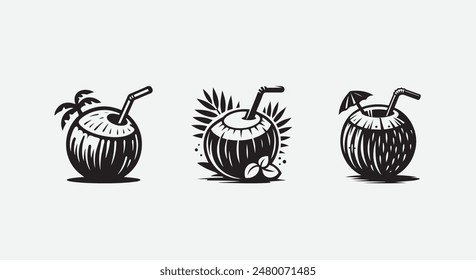 Coconut with straw black and white vector set, summer vector elements