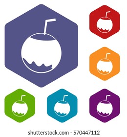 Coconut with straw icons set rhombus in different colors isolated on white background