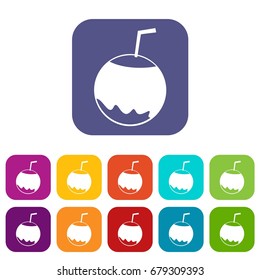 Coconut with straw icons set vector illustration in flat style In colors red, blue, green and other