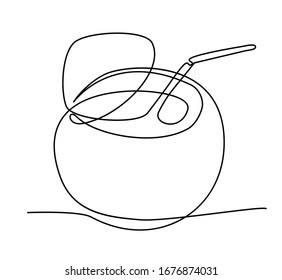 coconut with a straw on the table. Hand-drawn image of one solid line. Vector isolated hand drawn illustration on white background. Healthy diet. Coconut milk, cocktail, drink