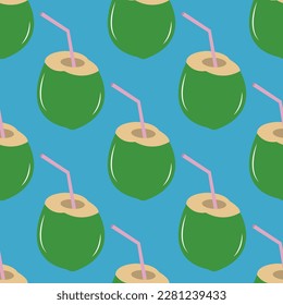 Coconut with straw pattern , seamless , isolated on blue background