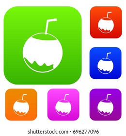 Coconut with straw set icon in different colors isolated vector illustration. Premium collection