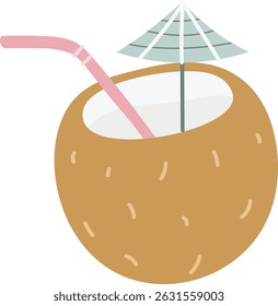 A coconut with a straw and a small umbrella in flat style. The beverage setup is depicted with a tropical vibe and simple shapes. Cartoon vector illustration.