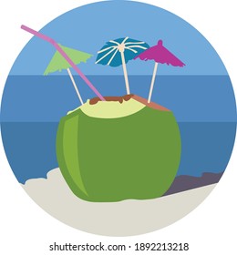 Coconut with straw and umbrellas on beach.
