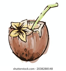 coconut with straw watercolor vector art