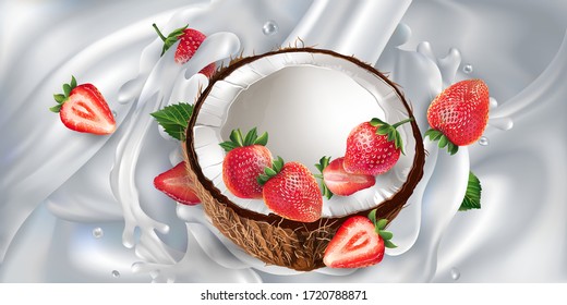 Coconut and strawberries on a milky background.