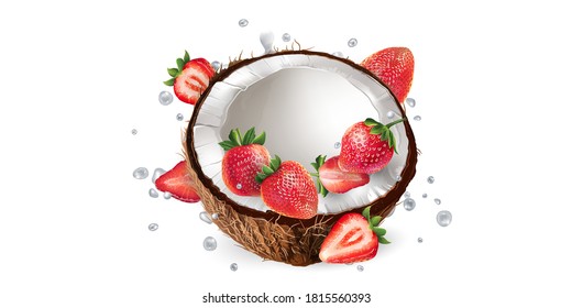 Coconut and strawberries in splashes of yogurt or milk.