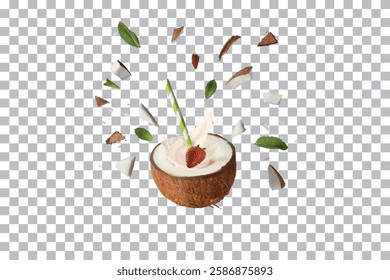 coconut with strawberry milk splash isolated on transparent background