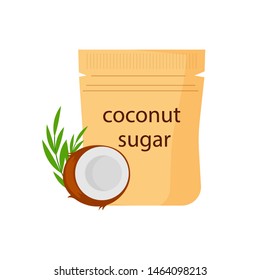 Coconut sugar in a paper bag with the coconut and palm leaves vector illustration isolated on white background. natural sweetener vector.