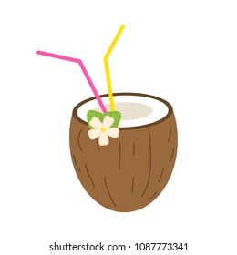 Coconut summer juice or smoothies with straws. Vegetarian organic drink for diet and health. Red tropical cocktail. Natural fresh Vitamin. Tropical Fruit. Aloha and jungle.