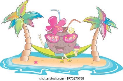 Coconut with sunglasses resting and eats ice cream on the beach, Summer holiday colorful background vector illustration