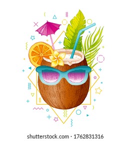 Coconut in sunglasses. Vector Memphis summer art. Tropical illustration on geometric background. Hipster coco fruit cocktail in cool funny glasses. Music cover, t shirt print, luau party invite design