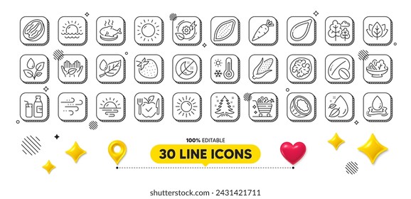 Coconut, Sunrise and Corn line icons pack. 3d design elements. Sunny weather, Soy nut, Sunset web icon. Pecan nut, Water splash, Salad pictogram. Tree, Sun, Fish dish. Vector