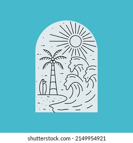 The coconut and surfboard with waves in the beach in mono line art for badge patch emblem graphic vector art t-shirt design