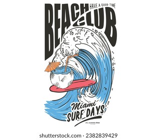 Coconut surfing. Beach Paradise Print t shirt graphics design, typography slogan on palm trees background. Summer beach vibes. Ocean wave.