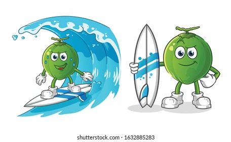 coconut surfing on the waves cartoon and holding a surfboard. cartoon mascot vector