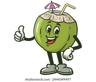 Coconut with thumbs up pose cartoon mascot illustration character vector clip art hand drawn