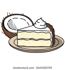 Coconut torte slice with cream isolated vector illustration on white background