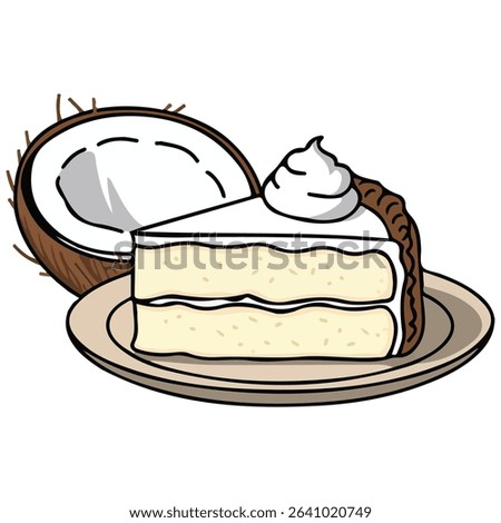 Coconut torte slice with cream isolated vector illustration on white background