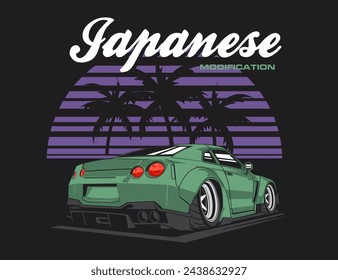 coconut tree background mix with 90s japan car design illustration vector