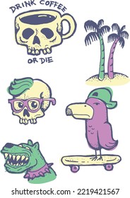 coconut tree beach hand draw green and pink