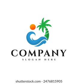 coconut tree and beach logo, icon and vector