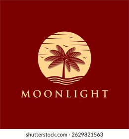 coconut tree and beach moon logo design,recreation,holiday,vector,beach, logo, moon, design, vector, island, sunset, holiday, landscape, symbol, coconut, nature, hawaii, sea, sun, art, vacation