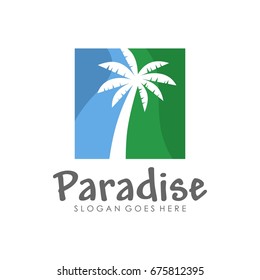 Coconut tree, beach resort and summer logo design