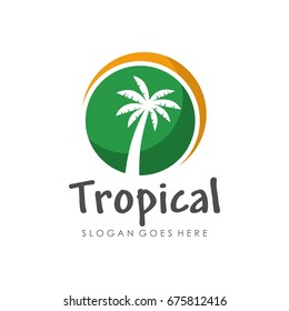 Coconut tree, beach resort and summer logo design