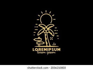 Coconut tree and big sun line art with lorem ipsum text design