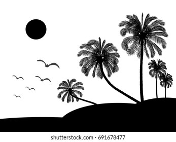 Coconut tree black silhouettes on island isolated on white background, Vector illustration.