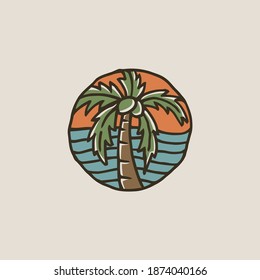 Kokospalmen am Strand. Sonnenuntergang Vintage Stranddruck. Tee-Grafikdesign